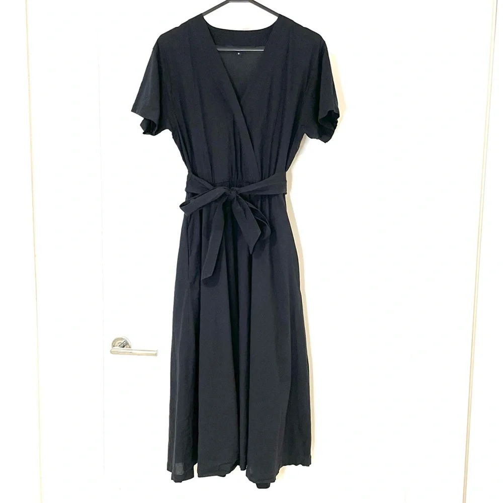 French Connection cotton dress midi black wrap top self tie waist ladies size 8 - Picture 1 of 5
